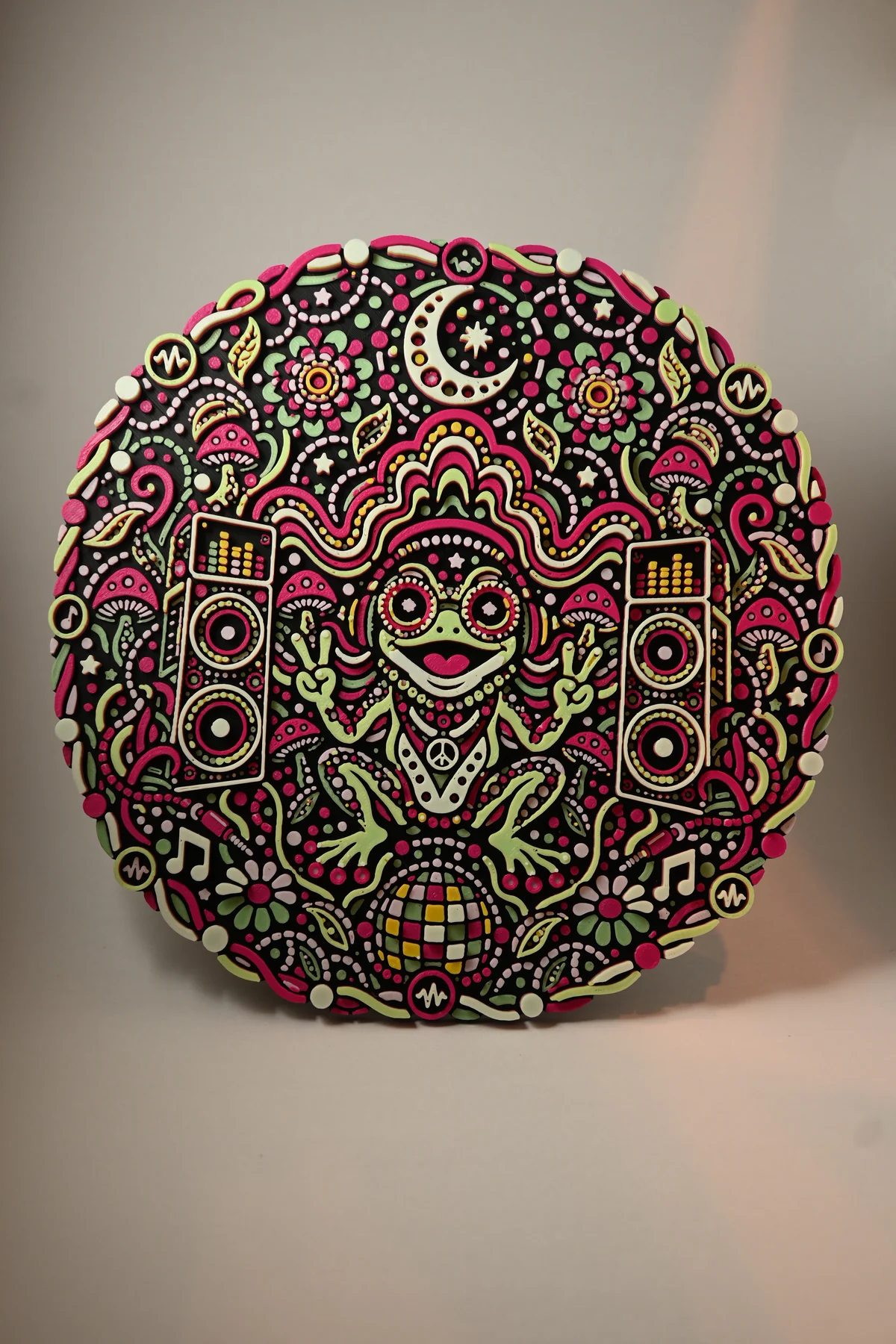 Bass Frog 3D printed relief wall art in daylight