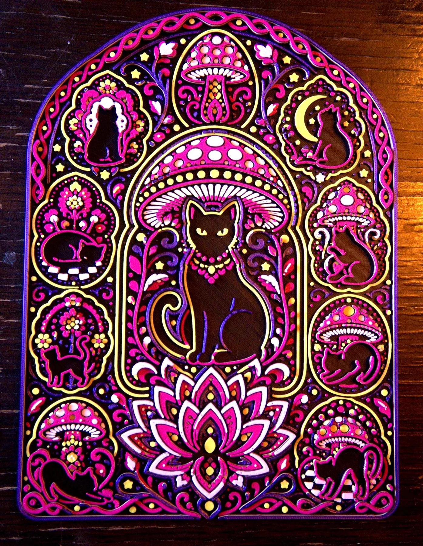 Nine Lives 3D printed relief wall art in daylight