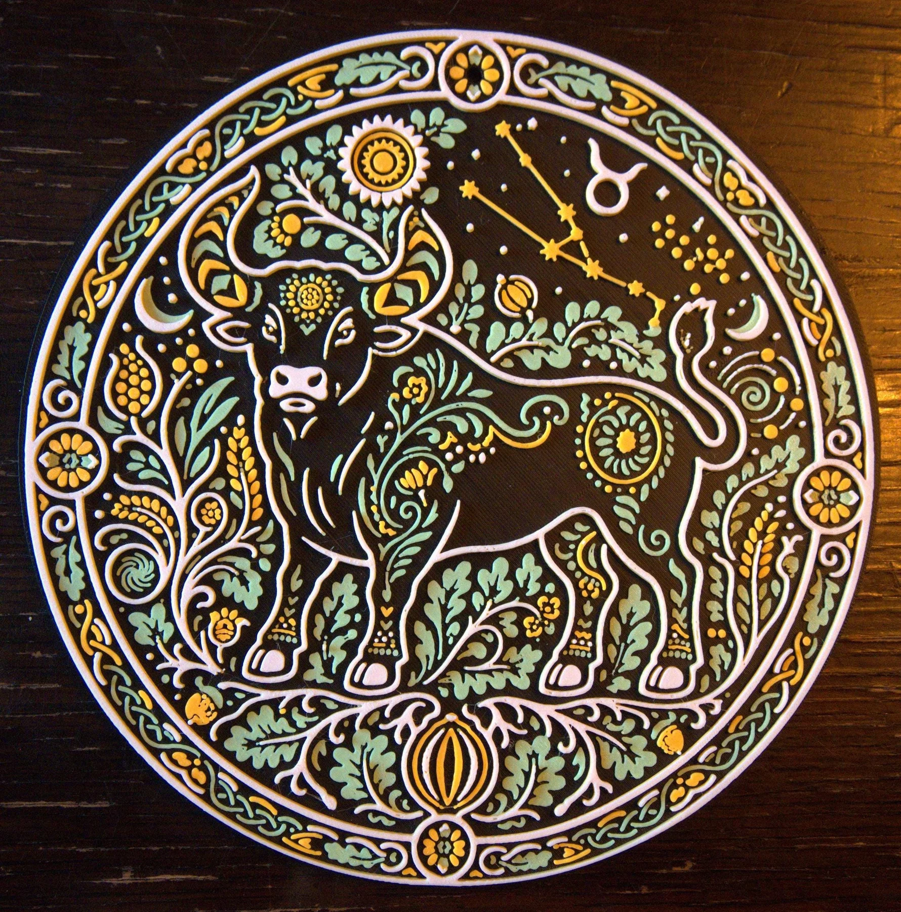 Taurus 3D printed relief wall art in daylight
